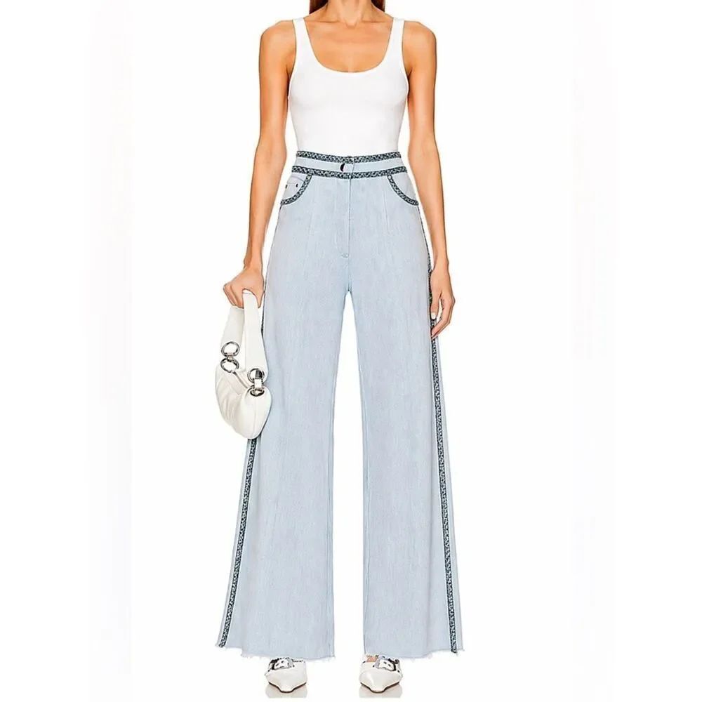 Sabina Musayev LightโWash Wide Leg Jeans Braided Trim High Rise Boho Chic